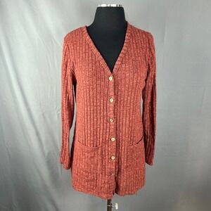 Double Take Cardigan Sweater Womens S Brick Red Ribbed Texture Dual Patch Pocket